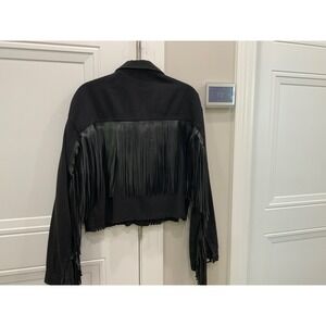 Pretty Leaf Black Denim Jacket‎ Fringe Detail Cropped Womens Size M